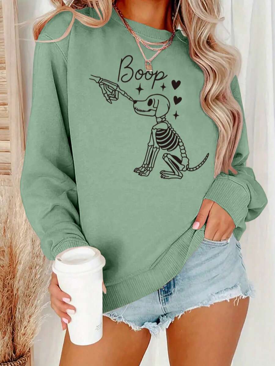 Winter Clothing Gift Ideas - Damen-Sweatshirt mit Skelett-Hund-Motiv, Rundhalsausschnitt, lässiger Pullover,
