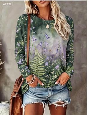 Winter Clothing For Women - Damen-Langarm-T-Shirt mit Farbverlauf-Hintergrund, Aquarell-Blumen- und Vogelmotiv,