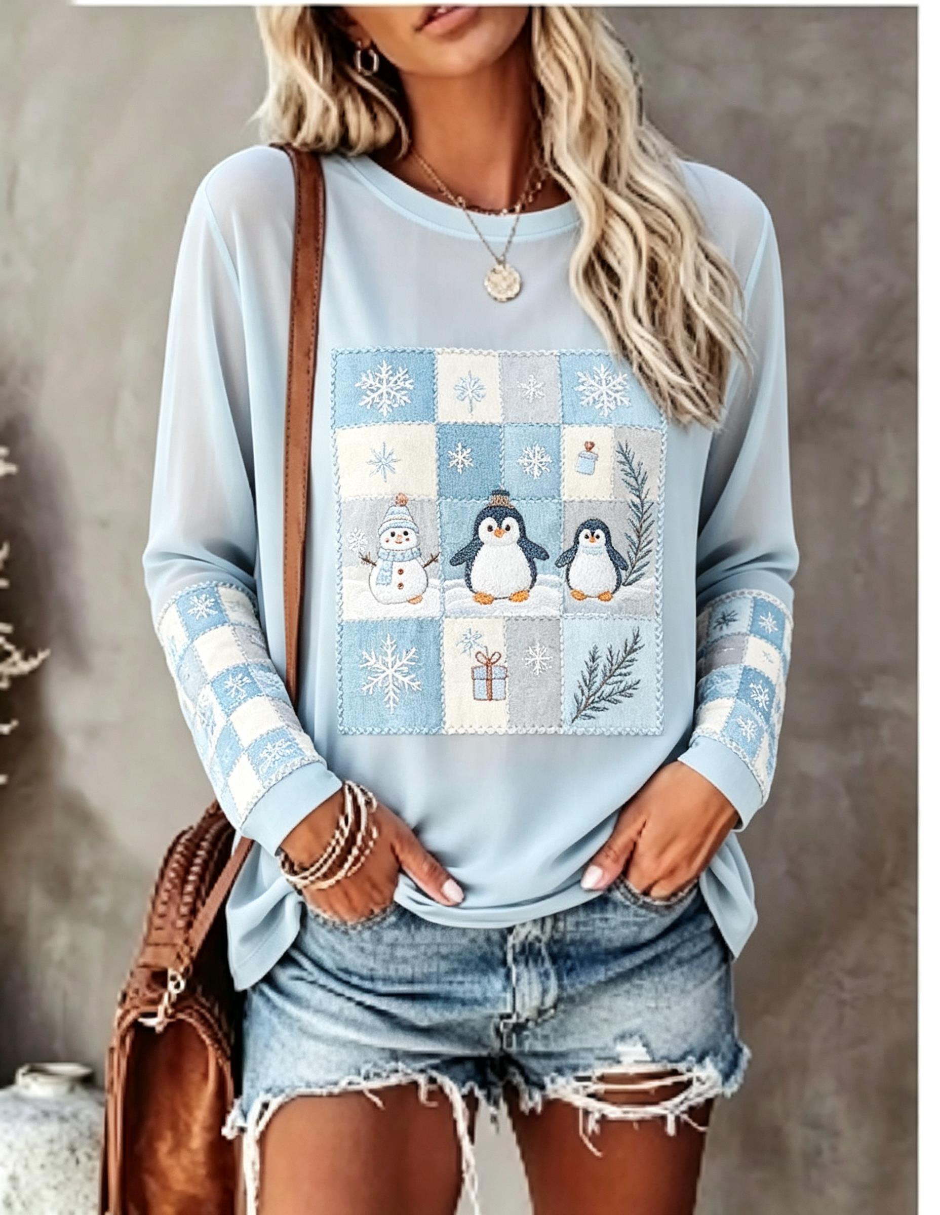 Winter Clothing For Women - Damen-Langarm-T-Shirt mit Fuchs-Kaninchen-Patchwork, Rautenmuster, Tannenzapfen-, Beeren-